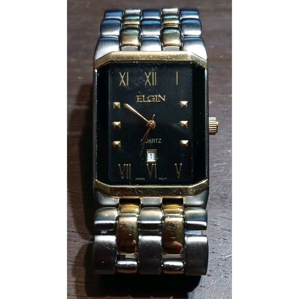 Men's ELGIN Classic Two-Tone Black Dial, Steel Bracelet Quartz Watch, Date, 25mm